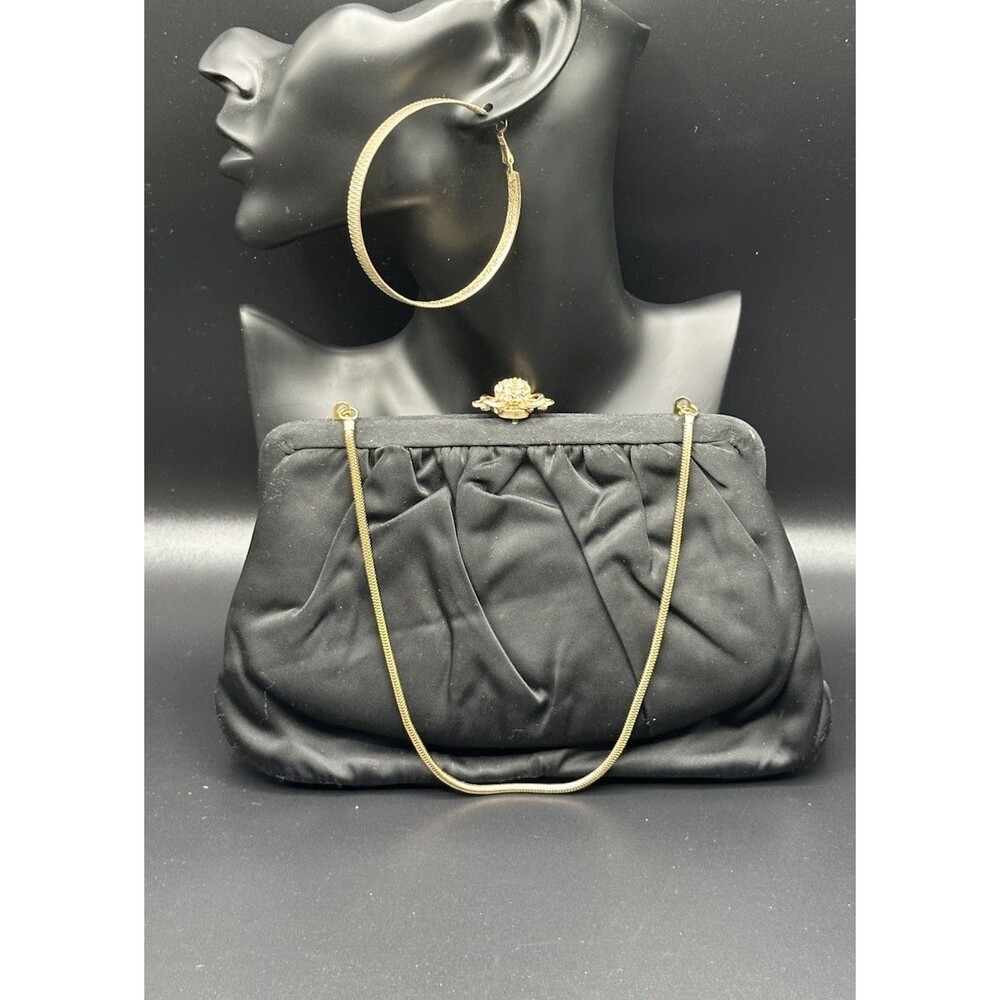 Vintage 50’s Glamour INGBER Black Satin Clutch Chic Evening Bag Chain Strap